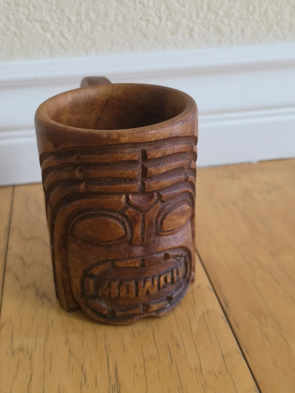 Vintage Hand Carved Wooden Hawaiian Tiki Mug - Brown